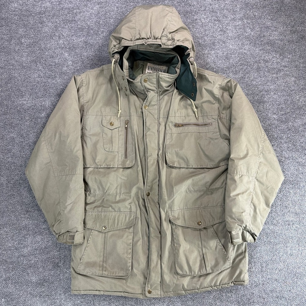 90s Vintage Windbreaker Mens Khaki Hooded Utility Field Jacket Quilted Lining XL